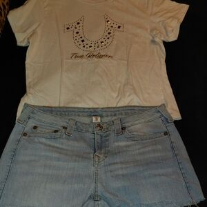 True Religion White Studded Tee and Light Blue Denim Shorts